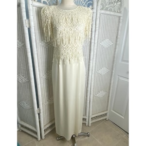 Vintage 90s Cattiva New York Ivory Beaded Lace Fringe Formal Gown Bridal Sz 6