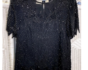 Vintage 80s Denise Elle Black Beaded Silk Top S Art Deco Sequin Evening Blouse