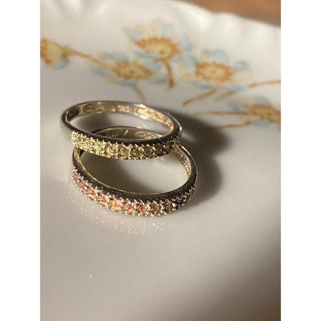 Vintage Avon Stacking Rings Pink Green Rhinestone 925 Band Jewelry 9-9. ...