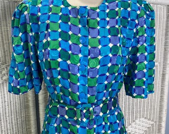 Vintage Adrianna Papell 100% Silk Geometric Print Shirt Dress 12 Blue Green