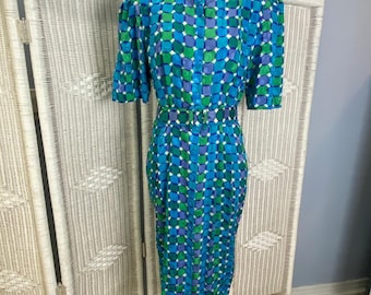 Adrianna Papell 100% Silk Geometric Print Shirt Dress Size 12 Blue Green Vintage
