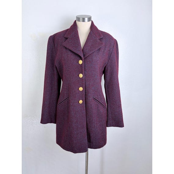 Guy Laroche, Vintage Guy Laroche Tweed Blazer M Burgundy Blue Herringbone Wool
