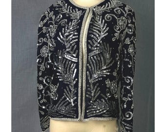 Vintage Creative Creations Black Silk Beaded Sequin Jacket Made in India M