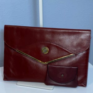 Vintage 70s ETIENNE AIGNER Oxblood Envelope Leather Clutch Mirror Coin Purse