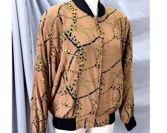 Vintage Spenser Jeremy 100% Silk Bomber Jacket Gold Chain Print Tan Black Sm 90s