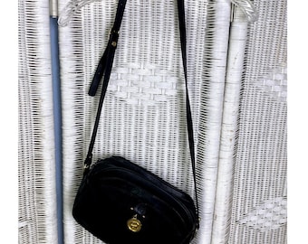 Vintage Etienne Aigner Black Leather Crossbody Bag Gold Medallion 80s 90s