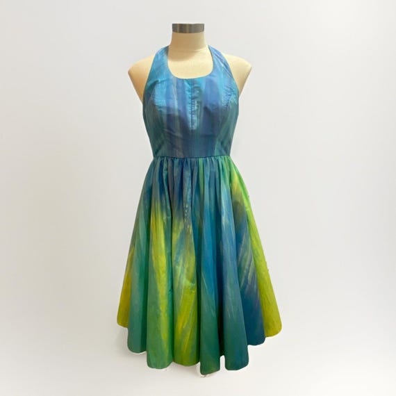 Vintage Handmade Halter Dress Blue Green Watercolor Fit and Flare Fairy  Dress 4 - Etsy