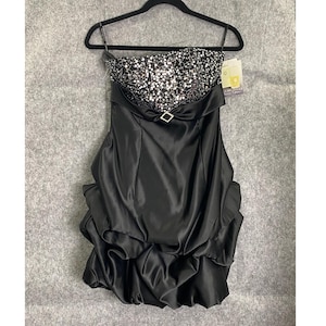 Jessica McClintock Gunne Sax Strapless Black Sequin Bubble Hem Dress Sz 7 NWT