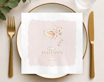 Champagne Floral Bridal Shower Napkins, Blush Pink Custom Cocktail Napkin, Coupe Glass Wedding Shower Favors, Bachelorette Decor