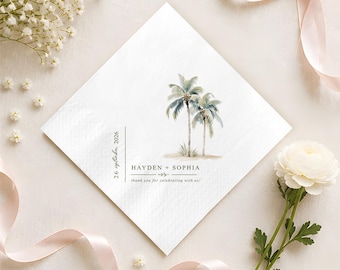 Palm Tree Wedding Napkins, Destination Wedding Decor, Watercolor Tropical Beach Custom Paper Napkin, Rehearsal Dinner