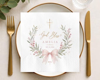 Personalized Baptism Napkins for Girl, God Bless Amelia Pink Floral Wreath, Girl Christening Napkins, First Holy Communion Decor