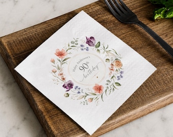 Personalized 90th Birthday Napkins, Watercolor Floral Custom Cocktail Napkin, Elegant Milestone Party Favors, Grandma Birthday Decor