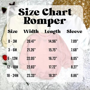 K&ouml;nnte beinhalten: Gr&ouml;&szlig;entabelle f&uuml;r einen Strampler, mit Ma&szlig;en in Zoll. Die Tabelle enth&auml;lt die Gr&ouml;&szlig;en 0-3M bis 18-24M, mit Breiten-, L&auml;ngen- und &Auml;rmelma&szlig;en. Der Strampler ist in Creme und Rosa dargestellt.