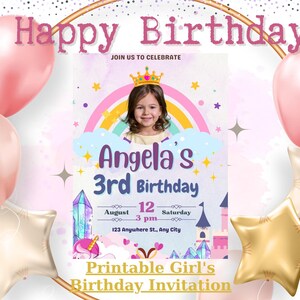 Cartão de aniversário, convite editável, aniversário de menina, modelo para impressão, download instantâneo