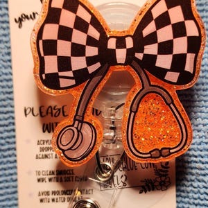 Checkered Bow Scope Badge Reel, Black and White Checkered Coquette Bow Badge, Girly Badge Reel, Ribbon Badge Holder, Racing Bow Badge,