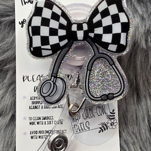 Checkered Bow Scope Badge Reel, Black and White Checkered Coquette Bow Badge, Girly Badge Reel, Ribbon Badge Holder, Racing Bow Badge,