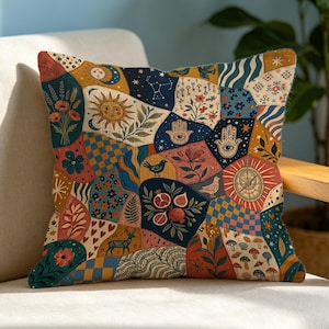 Boho Celestial Patchwork Pillow Case, Moon Sun Stars Floral Cushion Cover, Eclectic Home Decor Gift