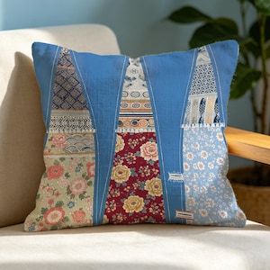 Funda de almohada de mezclilla con retazos, funda de cojín floral bohemia, decoración del hogar reciclada, regalo de inauguración de casa estilo cottagecore
