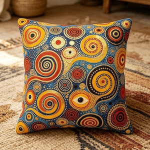 Aboriginal Art Linen Throw Pillow Cover, Double Sided Square Couch Cushion Cover, Blue Gold Red Snake Evil Eye, Boho Living Room Decor
