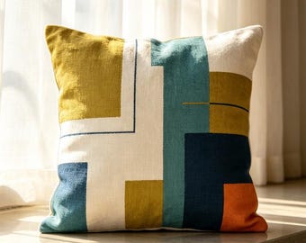 Boho Abstract Geometric Pillow Cover | Mustard Yellow Teal Color Block Linen Cushion