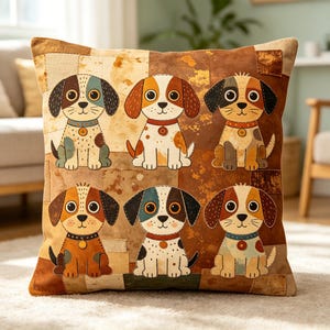カラフルな犬の友達の枕カバー、風変わりなミックス犬のイラスト入りクッション、遊び心のあるペット好きのためのインテリア、アーティストデザインのクッション