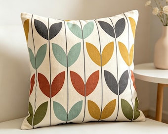 Funda de cojín retro con estampado de hojas coloridas / Cojín escandinavo de mediados de siglo / Detalle decorativo botánico moderno para el hogar
