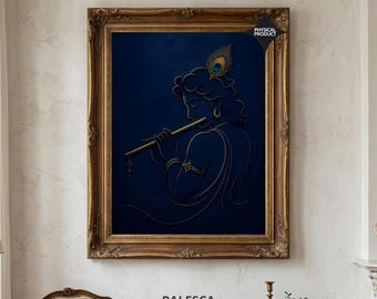 Krishna Playing Flute Wall Art | Peacock Feather Gold Line Art | Spiritual Decor | Luxury Fine Art Print | L191D167