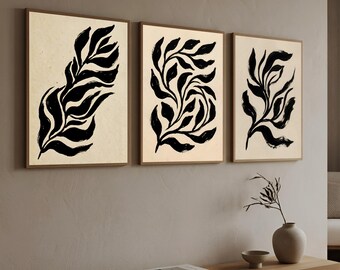 Set of 3 Abstract Prints | Black Organic Leaf Wall Arts | Modern Neutral Living Room Wall Decor (Digital Download) | L92AB8