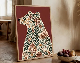 Scandinavian Folk Art Bear Wall Art | Floral Bear Print | Nordic Nature Decor | Printable Wall Decor | Digital Download | L157D133