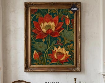 Vintage Double Lotus Botanical Wall Art | William Morris Style Floral Print | Indian Heritage Decor | Luxury Fine Art Print | L190D166