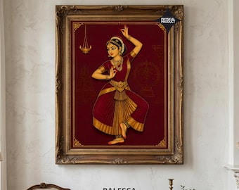 Indian Bharatanatyam Dancer Wall Art | South Indian Classical Dance Print | Temple Jewellery Decor | Luxury Fine Art Print | L188D164