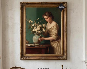 Vintage Floral Arrangement Portrait Print | European Woman Art | Parisian Inspired Wall Decor | Luxury Fine Art Print | L115D91