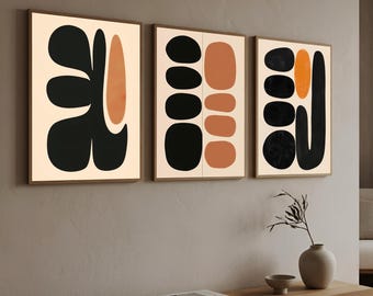 Set of 3 Abstract Prints | Black Beige Organic Shapes Wall Art | Minimal Modern Neutral Gallery Wall Decor (Digital Download) | L86AB5