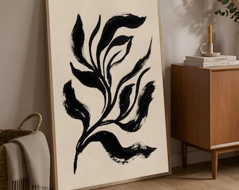 Abstract Botanical Wall Art | Black Organic Leaf Print | Modern Neutral Home Decor (Digital Download) | L91D70