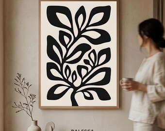 Abstract Leaf Wall Art | Organic Black Beige Botanical Leaves Art | Modern Neutral Home Decor (Digital Download) | L93D71