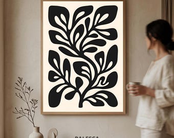Abstract Botanical Leaf Print | Organic Black Beige Wall Art | Modern Minimal Shapes (Digital Downloads) | L94D72