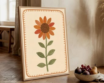 Scandinavian Folk Sunflower Wall Art | Rustic Embroidered Print | Farmhouse Boho Decor | Printable Wall Decor | Digital Download | L168D144