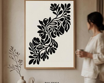 Abstract Botanical Wall Art | Organic Black Leaf Climber Print | Modern Neutral Living Room  (Digital Download) | L99D76