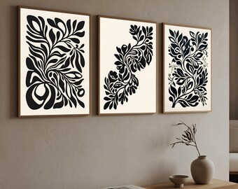 Set of 3 Abstract Botanical Prints | Black Organic Leaf Wall Art | Modern Neutral Living Room Decor (Digital Download) | L100AB10