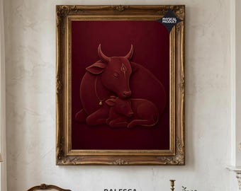 Cow and Calf Wall Art | Indian Cultural Wall Decor | Sacred Bond Line Art | Spiritual Decor | Luxury Fine Art Print | L192D168