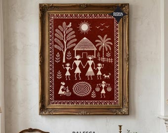 Indian Warli Village Life Wall Art | Tribal Folk Art Print | Indian Warli Art | Indian Heritage Decor | Luxury Fine Art Print | L196D172