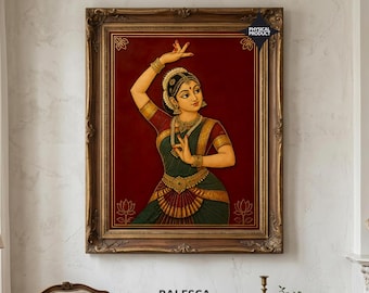 Indian Bharatanatyam Dancer Wall Art | South Indian Classical Dance Print | Temple Jewellery Decor | Luxury Fine Art Print | L187D163