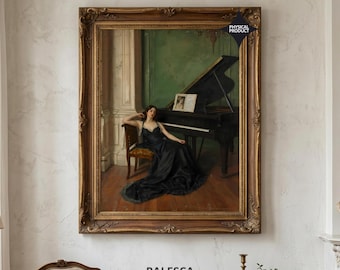 Elegant Woman at Grand Piano Vintage Portrait Print | European Classical Wall Art | Moody Parisian Interior Decor | Fine Art Print | L111D87