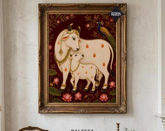 Sacred Cow and Calf Wall Art | Pichwai Style Folk Print | Indian Traditional Wall Art | Spiritual Decor | Luxury Fine Art Print | L193D169