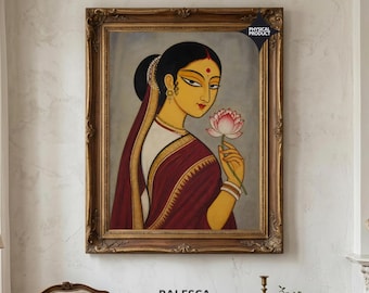 Indian Bengali Kalighat Woman Wall Art | Indian Lotus Flower Portrait | Indian Heritage Decor | Luxury Fine Art Print | L198D174