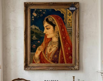 Rajasthani Princess Portrait Wall Art | Indian Royal Miniature Style Print | Indian Heritage Decor | Luxury Fine Art Print | L197D173