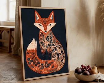 Scandinavian Folk Art Fox Wall Art | Floral Fox Print | Nordic Nature Decor | Printable Wall Decor | Digital Download | L158D134