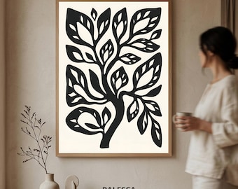 Abstract Botanical Leaf Wall Art | Organic Black Leaves Wall Print | Modern Living Room Wall Art | (Digital Downloads) | L95D73
