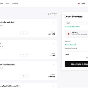 May include: A digital shopping cart interface titled SnapShop displaying a list of five items including an Apple Watch Series 4 Gold, a lunch box, and a TV studio camera pedestal, with an order summary sidebar showing a total of $1062.95.