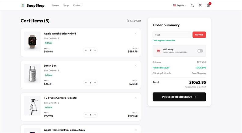 May include: A digital shopping cart interface titled SnapShop displaying a list of five items including an Apple Watch Series 4 Gold, a lunch box, and a TV studio camera pedestal, with an order summary sidebar showing a total of $1062.95.